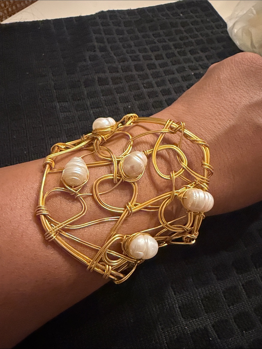 Gold Wire and Pearl Statement Cuff Bracelet
